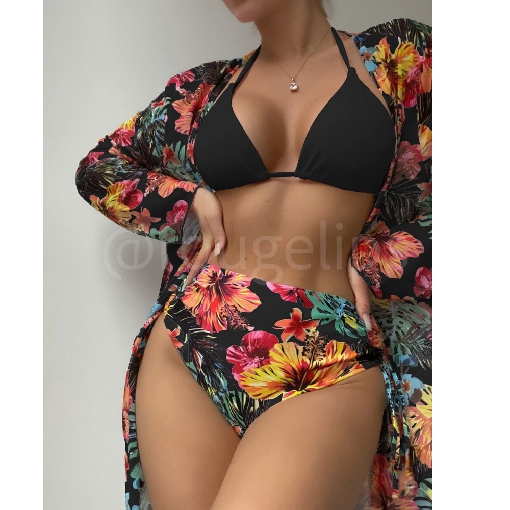 3 Piece Tropical Print Swimwear Set Kimono Floral Black Bikini Swimsuit - Picture 3 of 7